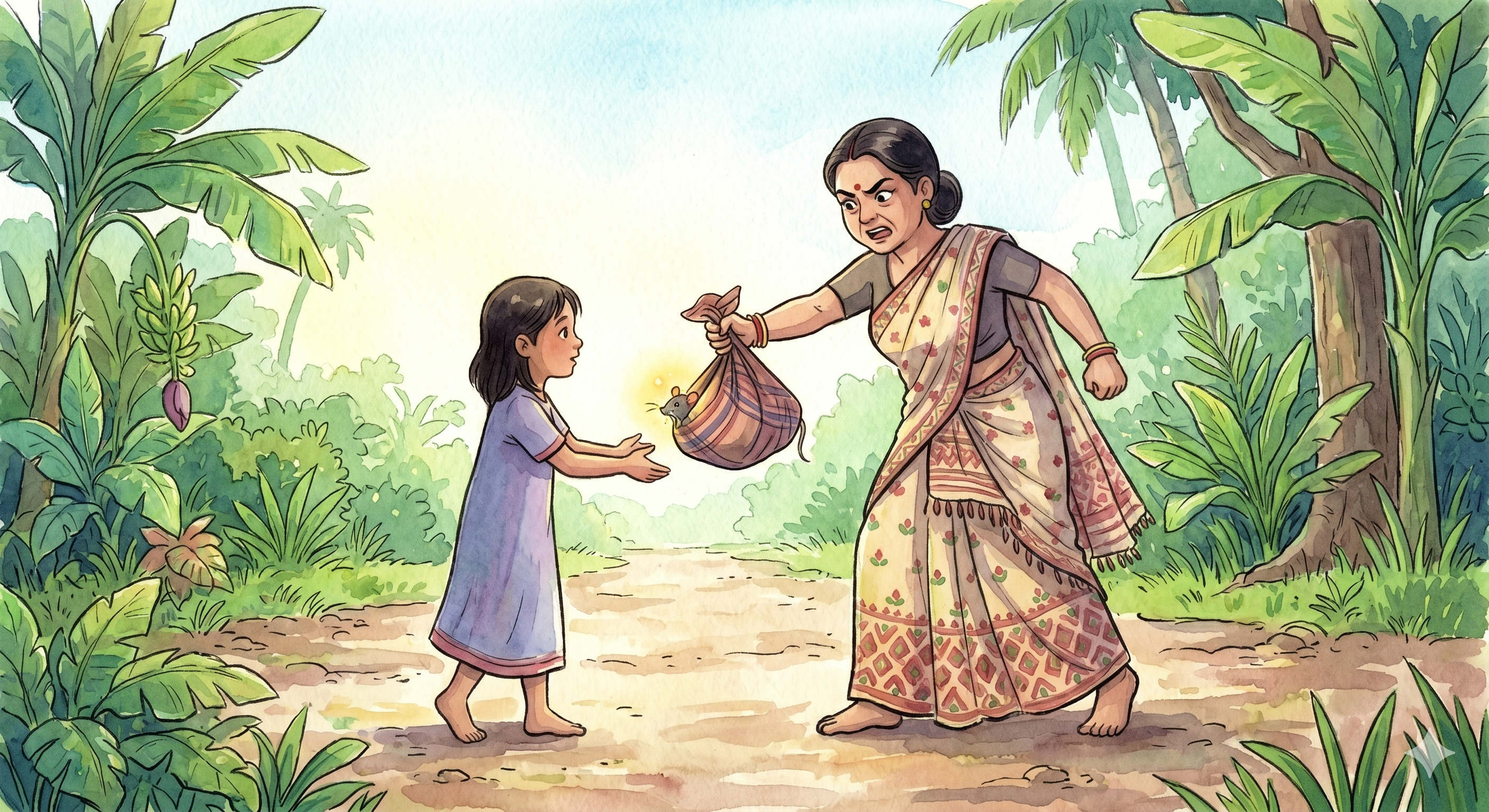 Tejeemola's stepmother hands her a bundle hiding a mouse and burning coal